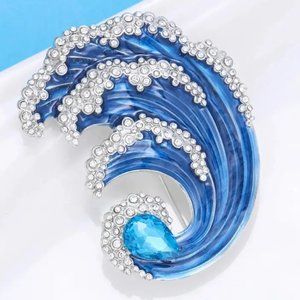 Sparkling Enamel and Rhinestone Ocean Wave Pin